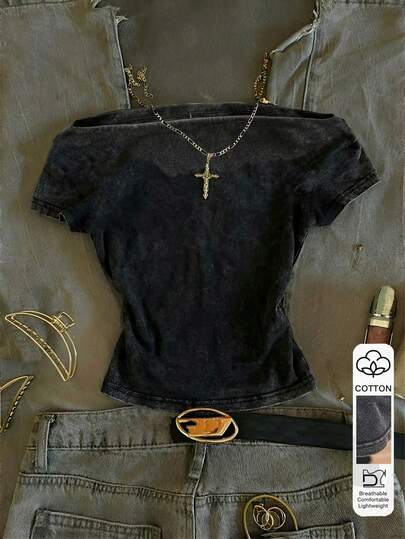 Attitoon Camiseta de algodón de manga corta ajustada con un hombro con pliegues para mujer, adecuada para el verano, estilo vintage retro, estilo casual de vacaciones, estilo sexy, lindo, estilo Y2K Coconut Girl, bohemio, Spring Break, listo para el brunch, azul bebé, Girls Trip, vibraciones de playa neón, bohemio, estilo hippie, festival de música, adecuado para el verano