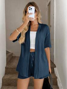 2026 Conjunto de kimono de algodón blanco con arrugas + shorts, conjunto casual de vacaciones para primavera/verano - Azul - Ver 6