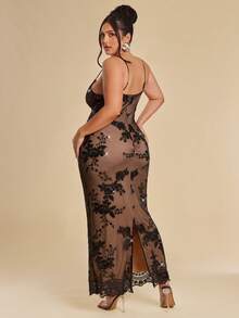 SHEIN BAE Plus Size Women's Elegant Black Summer Floral Sequin Maxi Dress,Sheer Mesh Lace Spaghetti Strap Evening Gown,Night Out Club Party Special Occasion - Black - View 2