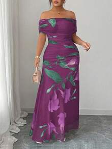 Modelyn Vestido de fiesta de una sola manga con volantes y estampado de malla para mujer de talla grande - Rojo violeta - Ver 6