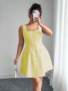 Elenzga Bộ váy áo cardigan cổ vuông màu xanh dương thanh lịch dành cho nữ, có túi giả, cỡ lớn. - Màu vàng - Xem 1