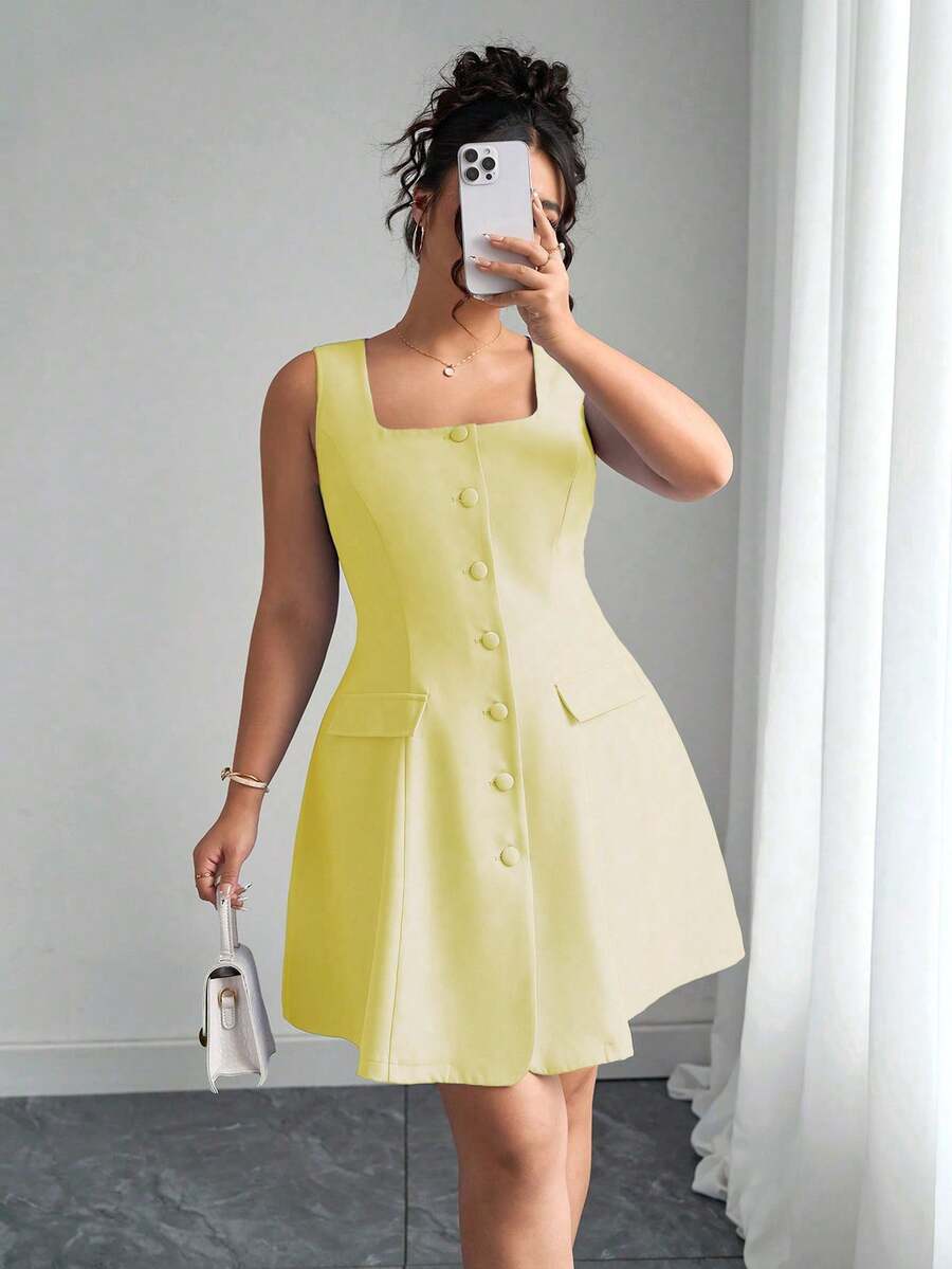 Elenzga Bộ váy áo cardigan cổ vuông màu xanh dương thanh lịch dành cho nữ, có túi giả, cỡ lớn. - Màu vàng - Xem 1