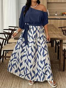 Weeklong Plus Size Women's Asymmetric Shoulder Tie-Waist Floral Print Dress - Multicolor - View 3