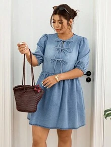 Lounesse Plus Size Women Light Blue Denim Mini Dress,Tie Front Puff Sleeve Round Neck Ruched Ruffle Hem Summer Casual Everyday Outfits,Y2K Vintage Date Dress - Blue - View 5