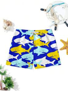 SHEIN 男童休闲宽松泳裤，经典鲨鱼印花，适合游泳、冲浪、夏季度假 - 彩色 - 查看 2