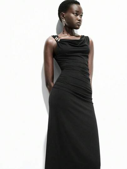 Lumivelle Women's Summer Sleeveless Dress With Metal Decor, Ruched Waist, Suitable For Work, Casual, Party