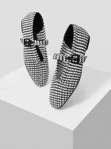 MOTF BRAID BUCKLE STRAP SQUARE TOE FLATS SPRING SHOES - Black and White - View 9