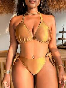 Slaydiva Plus Size Solid Color Halter Tie Bikini Set Set, Summer Fashion - Multicolor - View 4