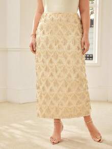 MOTF PREMIUM PLUS SIZE BEADED FRINGE STRAIGHT SKIRT - Gold - View 4