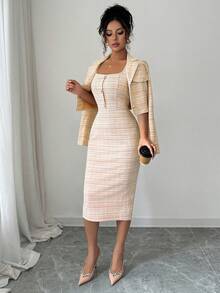 Elenzga Bộ vest vải tuýt 2 mảnh: Áo khoác blazer cổ khoét thanh lịch + Váy ôm sát không tay, trang phục sang trọng, quý phái cho mùa xuân/thu - trái cam - Xem 8