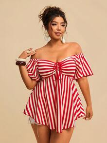 Travachic Vintage Plus Size Casual Holiday Spring/Summer Beachside Boho Jacquard Striped Off-Shoulder Drawstring Colorful Women Blouse/Shirt - Red and White - View 3