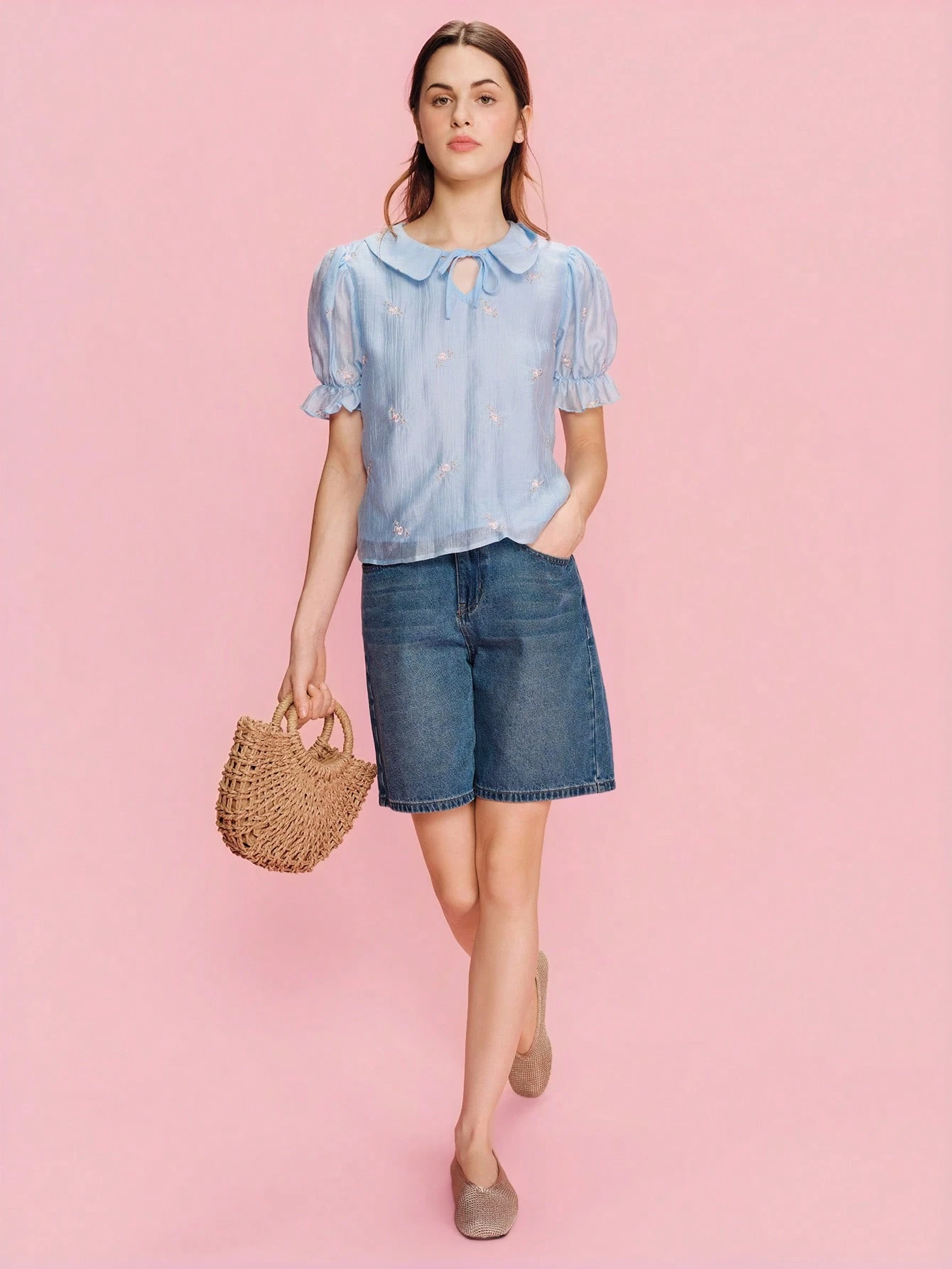 Blue Loose Fit Blouse With Floral Embroidery Puff Shoulders, Keyhole Neck Spring Summer Wear To Wear Blouse For Women Casual Women Blouse Top