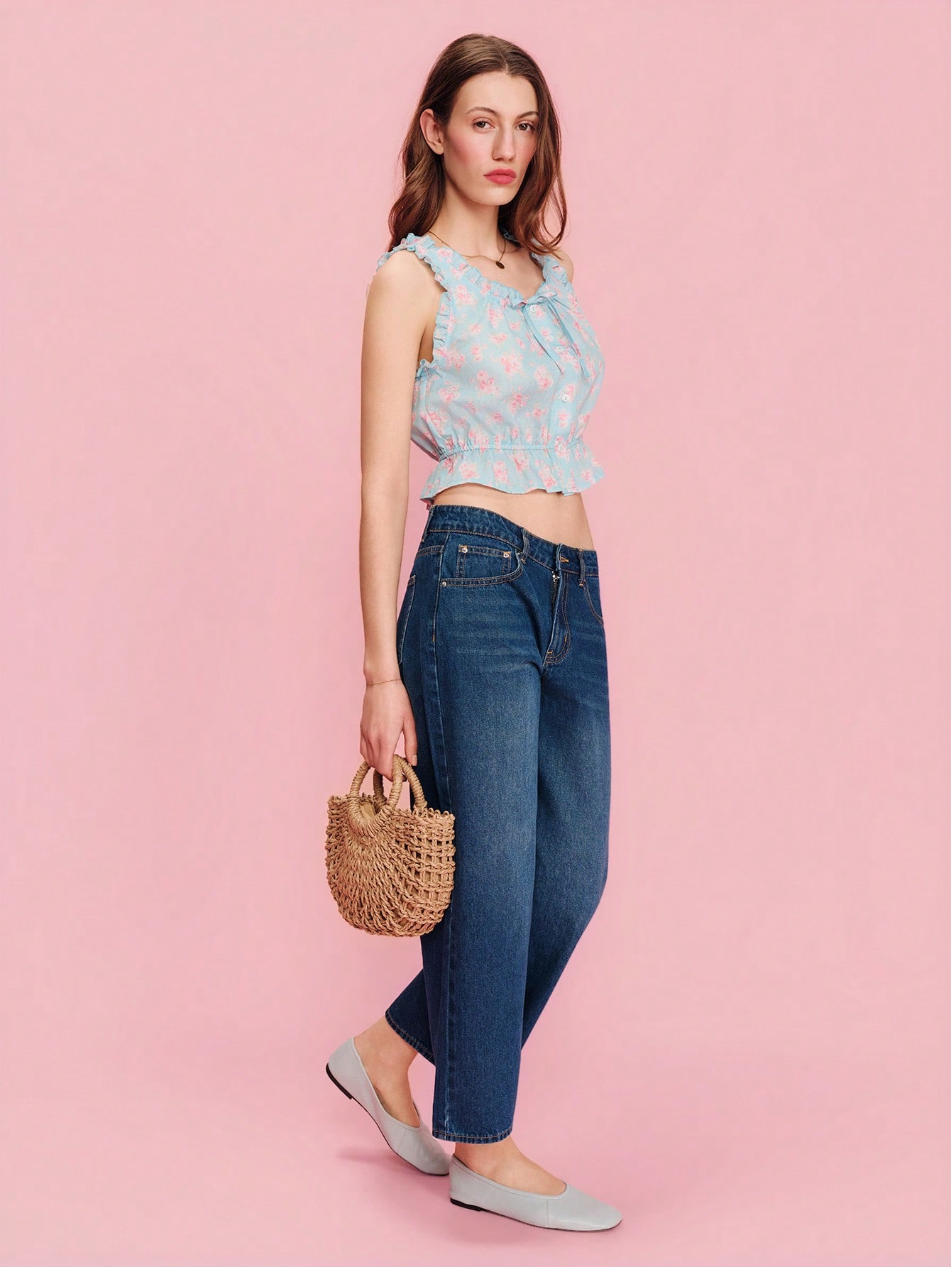 Cropped Blue Tank Top With Pink Floral Print, Ruffle Details, And Front Button Fastening Ruffle Top Spring Summer French Style Parisian Style Cute Summer Top Holiday Top Vacation Outfit