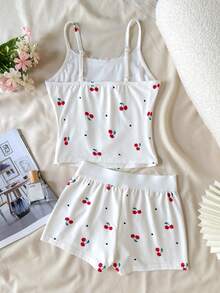 SHEIN Bộ đồ đôi cho bé gái tuổi teen, gồm áo tank top và quần short siêu ngắn họa tiết trái tim anh đào, hoa nhí, ren xếp nếp và nơ, thích hợp cho mùa xuân, mùa hè, ngày Valentine, ở nhà, phong cách thanh lịch/preppy. - trắng - Xem 2