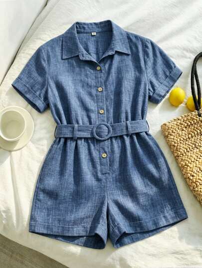 Elenzga 大码女式仿亚麻纹理连体裤，配腰带，收腰纯色纹理面料短款连体裤连衣裙，饰有椰子纽扣，休闲简约连体裤连衣裙