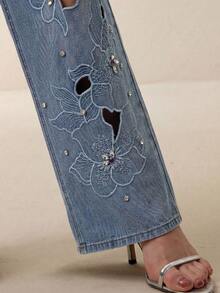 Anewsta Quần jeans ống rộng dáng suông thêu ren đính đá, thời trang mới mùa xuân/hè dành cho nữ, thích hợp mặc hàng ngày đi làm. - Màu xanh lam - Xem 6