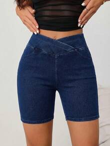 SHEIN Tall Women's Y2K High Waist Biker Denim Shorts Dark Blue Crossover V-Waist Tummy Control Stretchy Summer Outfits Women's High Waist Pocketed Casual Versatile Daily Wear Denim Shorts - Dark Wash - View 4