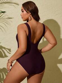 Swim Lushoire Baju Renang Terusan Wanita Ukuran Besar Warna Polos untuk Liburan Pantai Musim Panas - Burgundy - View 2