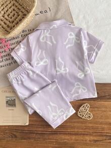 SHEIN 2-Piece Baby Girls Lavender White Bow Print Pajamas,Cute Summer Holiday Sleepwear Set,Soft Knit Lapel Collar Short Sleeve Cardigan & Long Pants Set - Mauve Purple - View 2