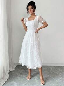 Rafferiza Women's Solid Color Floral Embroidery Petal Sleeve Square Neck Mesh Short Sleeve Dress, Minimalist Style Suitable For Summer Outing And Date - White - View 4