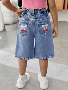 SHEIN Young Girl Cherry Pattern Pocket Casual Denim Shorts - Medium Wash - View 3