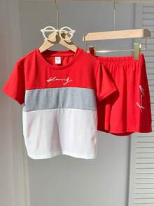 SHEIN 2pcs Young Boys' Color Block Soft Knit Letter Print 2-Piece Set, Suitable For Commuting, School, Casual Outings, Sports, Spring/Summer - Red - View 1