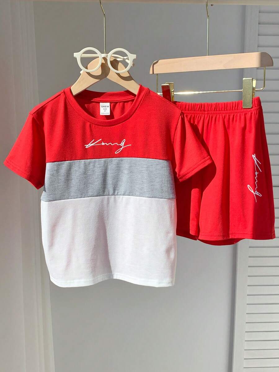 SHEIN 2pcs Young Boys' Color Block Soft Knit Letter Print 2-Piece Set, Suitable For Commuting, School, Casual Outings, Sports, Spring/Summer - Red - View 1
