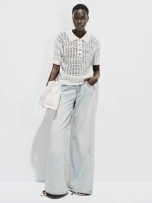 SHEIN Luminelle Áo len nữ cổ polo lưới rỗng, cài cúc kim loại. - Màu be - Xem 2