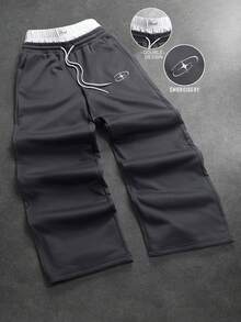 Manfinity Roghcode Pantalones de chándal de pierna ancha con cintura con cordón y bordado de contraste de color para hombres - Gris Oscuro - Ver 2