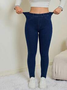 SHEIN Tall Women's Summer Casual High Waist Skinny Jeans Dark Blue Stretch Butt Lifting Tummy Control Slim Fit Denim Pants With Pockets Perfect For Daily & Streetwear Outfits Women's Elastic Waist Skinny Casual Jeans - Dark Wash - View 1