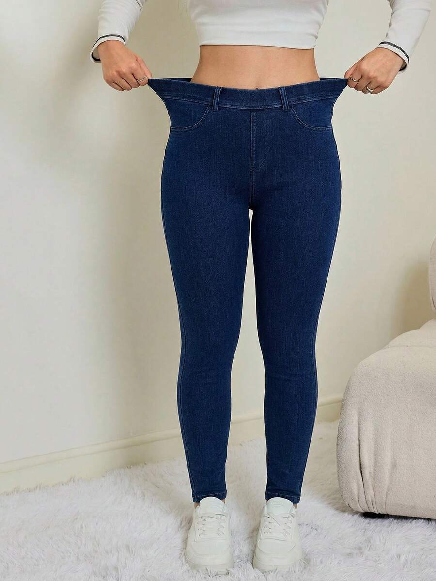 SHEIN Tall Women's Summer Casual High Waist Skinny Jeans Dark Blue Stretch Butt Lifting Tummy Control Slim Fit Denim Pants With Pockets Perfect For Daily & Streetwear Outfits Women's Elastic Waist Skinny Casual Jeans - Dark Wash - View 1
