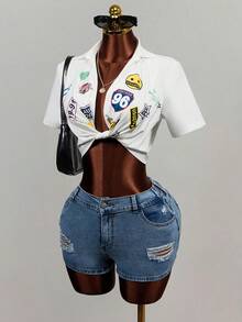 Mistrie Women's Letter & Number Print Casual Versatile Daily Wear Shirt - White - View 1