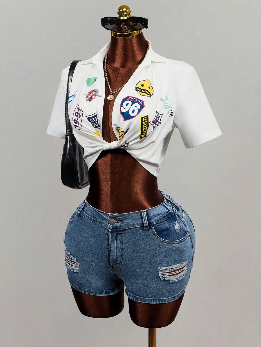 Mistrie Women's Letter & Number Print Casual Versatile Daily Wear Shirt - White - View 1