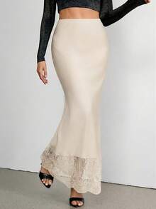 SHEIN Tall 纯色缎面蕾丝边低腰中长裙 - 杏色 - 查看 3