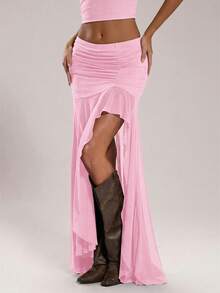 SHEIN BAE Women's Elegant Solid Color Ruffle High Slit Skirt, Summer - Baby Pink - View 6