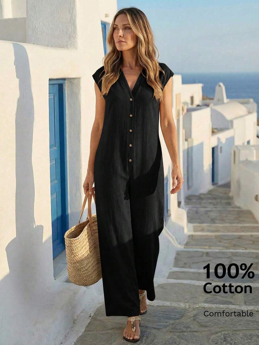 Bộ jumpsuit nữ màu trơn cổ chữ V cài một hàng khuy, dáng rộng, ống quần. - màu đen - Xem 1
