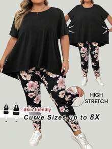 SHEIN CURVE+ 大码女装夏季纯色圆领短袖不对称下摆T恤和印花休闲裤两件套，夏季/乡村/海滩度假装/海滩装/沙滩服饰 - 黑色 - 查看 7