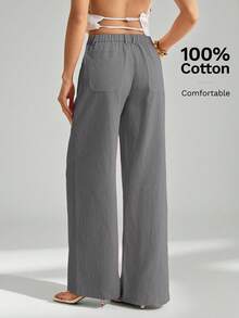 SHEIN Tall 100%水洗棉低腰直筒長褲，適合高個女性 - 灰色 - 查看 2