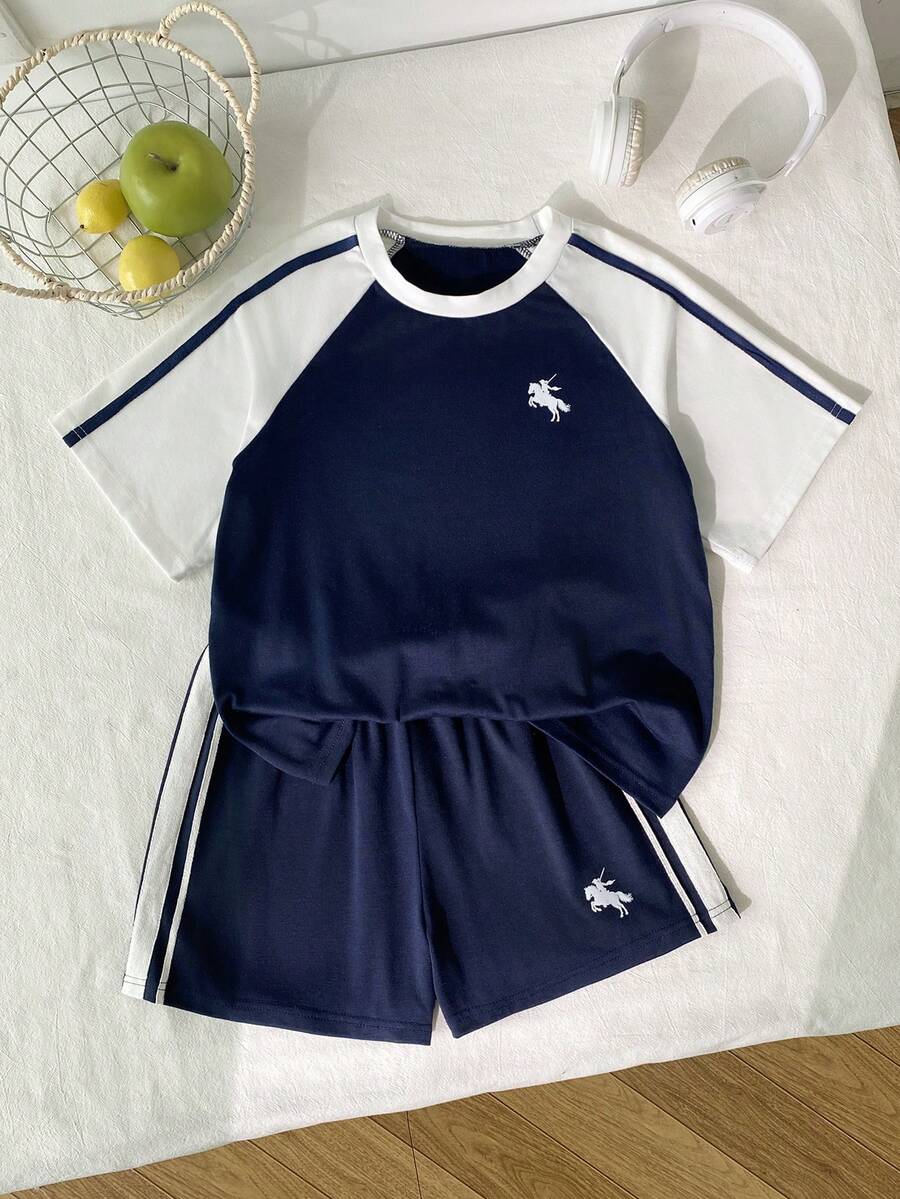 Sparklyn 2pcs Girls (Plus Size) Casual T-Shirt And Shorts Set, Summer, Loose Fit Snug Fit Design, Lightweight Fabric, Suitable For Daily Wear, Leisure Or Sports - Blue - View 1