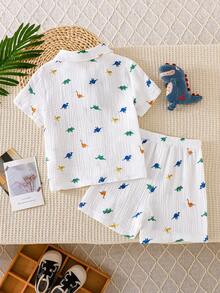 SHEIN Streecool Kids 2 pièces/set Top à manches courtes et short set imprimé minimaliste pour jeunes garçons - Blanc - Voir 2