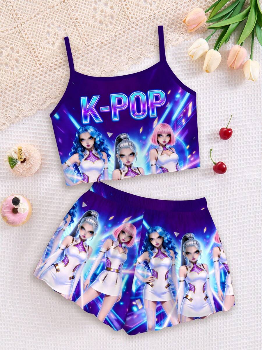 SHEIN 2件套少女时尚K-POP女团字母星星印花套装,彩色卡通人物印花,扎染工艺,韩流粉丝礼物,男女童装,吊带背心和短裤夏季套装 - 彩色 - 查看 1