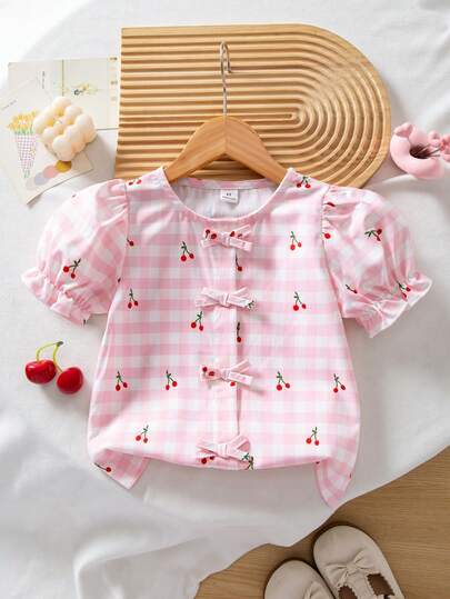 SHEIN Young Girls' Sweet Striped Bow Collar Petal Sleeve Shirt, Casual Vacation Wear, Summer