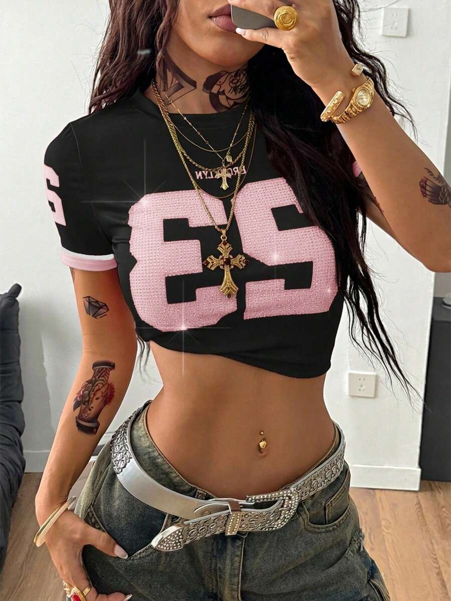 SHEIN Coolane Women's Summer Streetwear Going Out Y2K Sparkly Rhinestone Slim Fit T-Shirt - Black - View 1