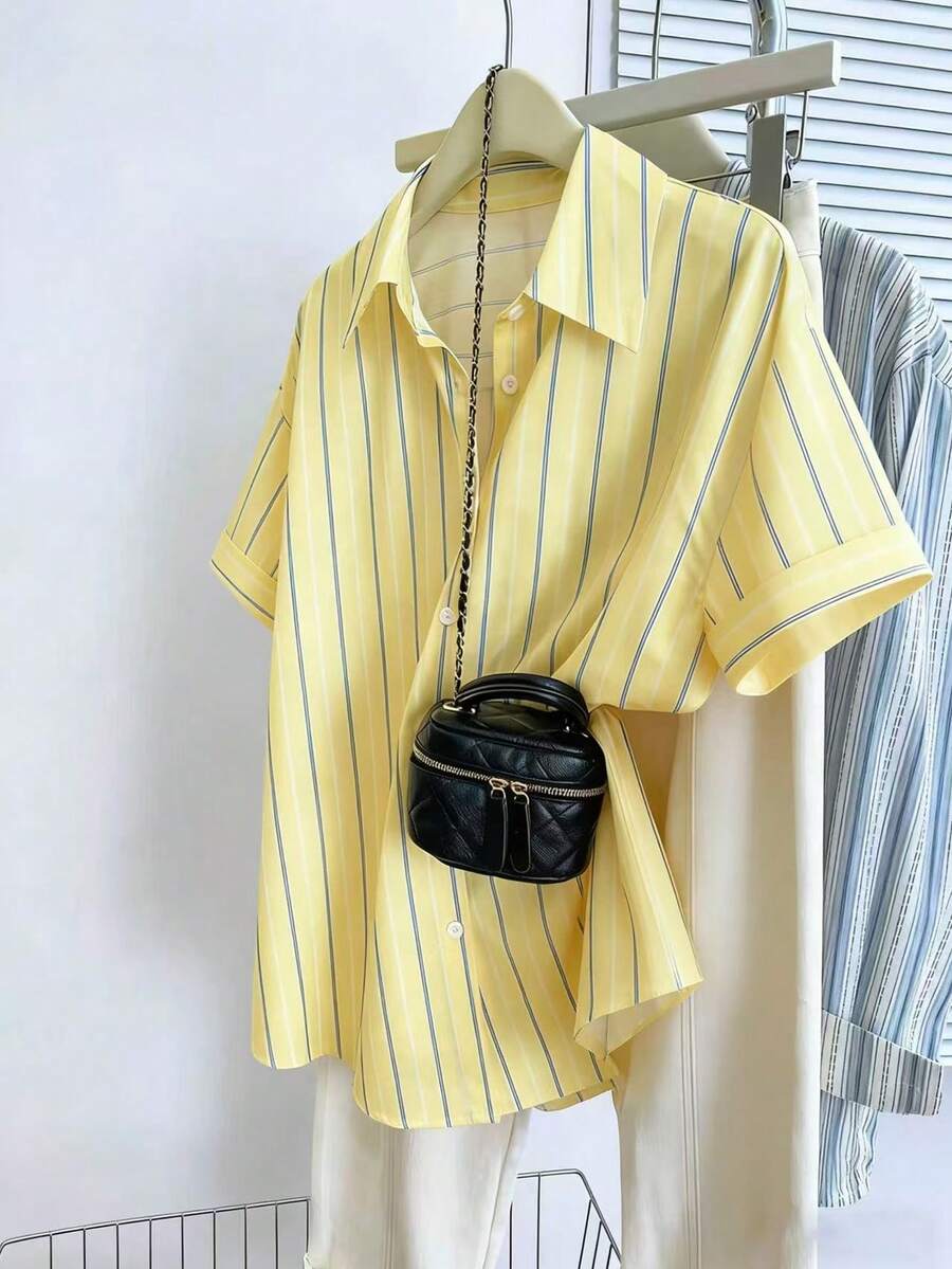 Resyla Women's Casual Striped Print Short Sleeve Shirt, Summer - Yellow - View 1