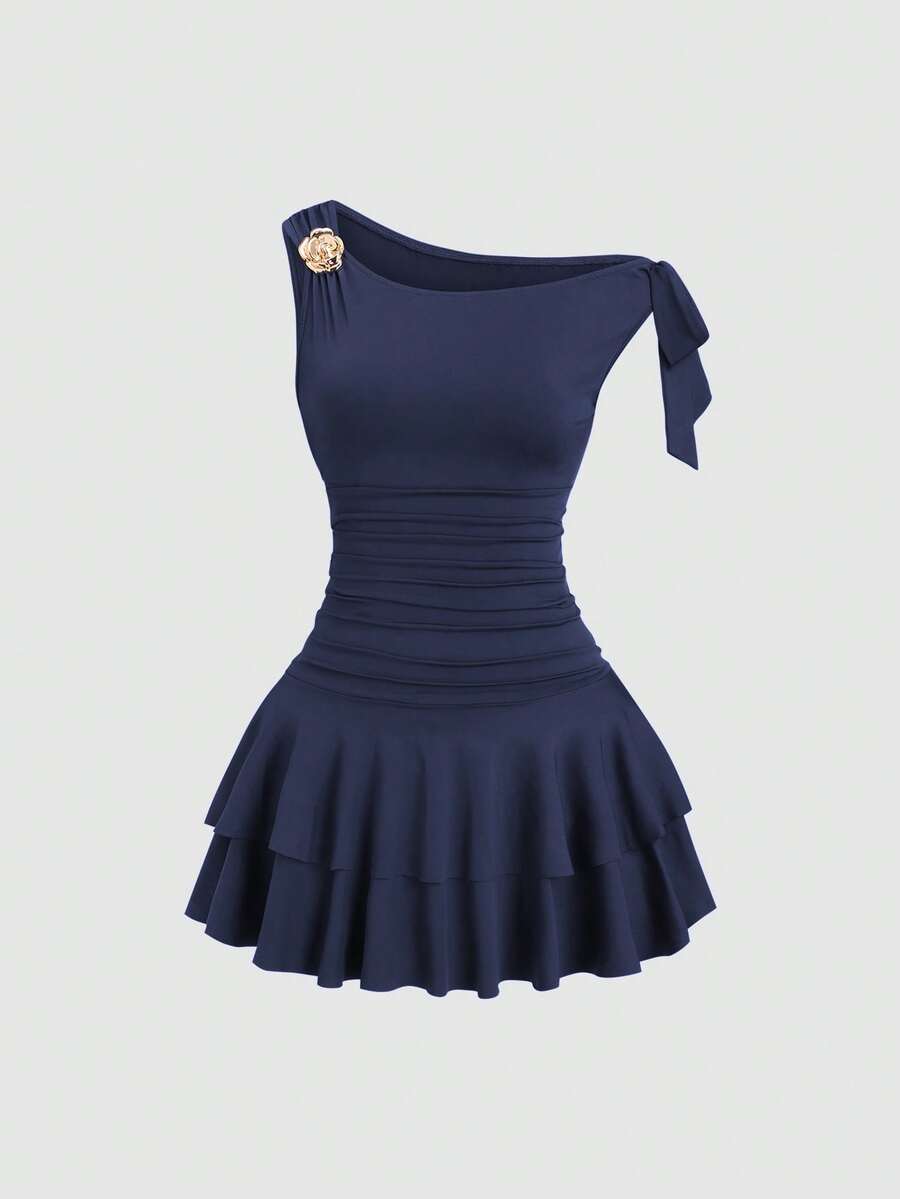 Sweetra Gaun Wanita Elegan dengan Dekorasi Logam, Bahu Asimetris dan Hem Berumbai, Musim Panas - Navy Blue - View 1