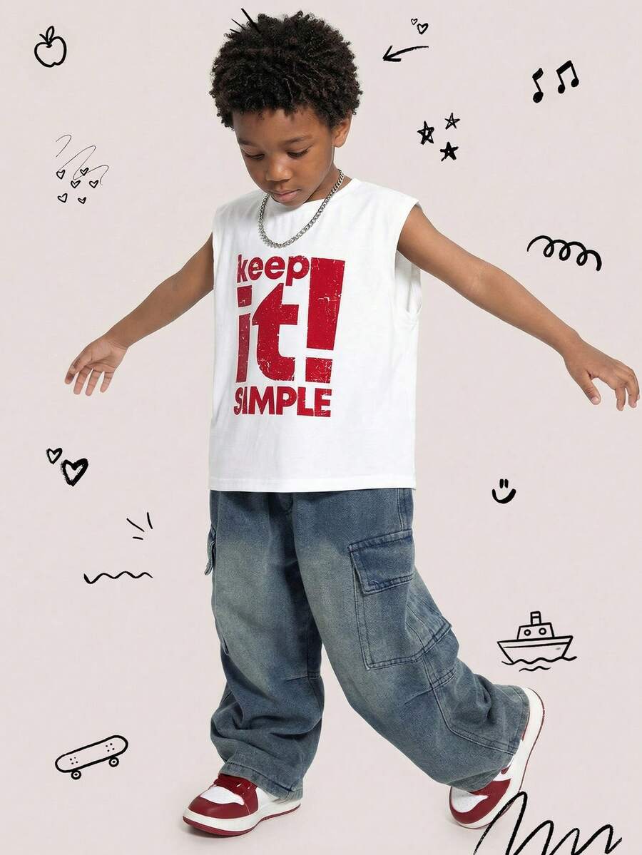 SHEIN 男童休闲韩版时尚无袖连帽衫上衣和拉链连帽衫套装，舒适，百搭，拼色印花，适合上学、日常穿着、运动、春夏 - 白色 - 查看 1