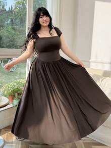 CovetEZ 大码优雅蝴蝶结腰身褶皱方领泡泡袖连衣裙，适合约会、春夏穿着，女士夏季连衣裙 - 棕色 - 查看 3