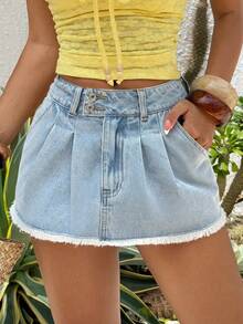 Rivivi 女士褶裥口袋毛边牛仔迷你裙 - 淺色水洗藍 - 查看 1