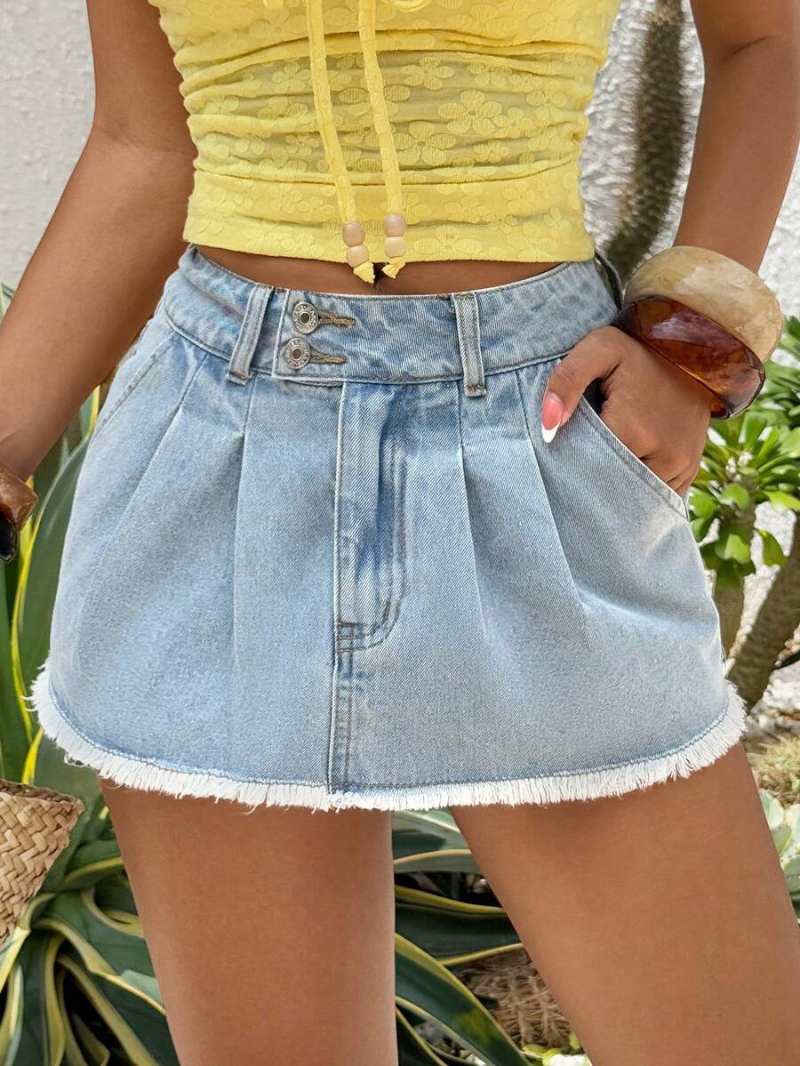 Rivivi 女士褶裥口袋毛边牛仔迷你裙 - 淺色水洗藍 - 查看 1