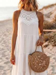 Balvessa 女士时尚优雅花卉荷叶边领宽松无袖连衣裙，休闲亚麻质感褶皱连衣裙，纯色春夏款 - 白色 - 查看 5